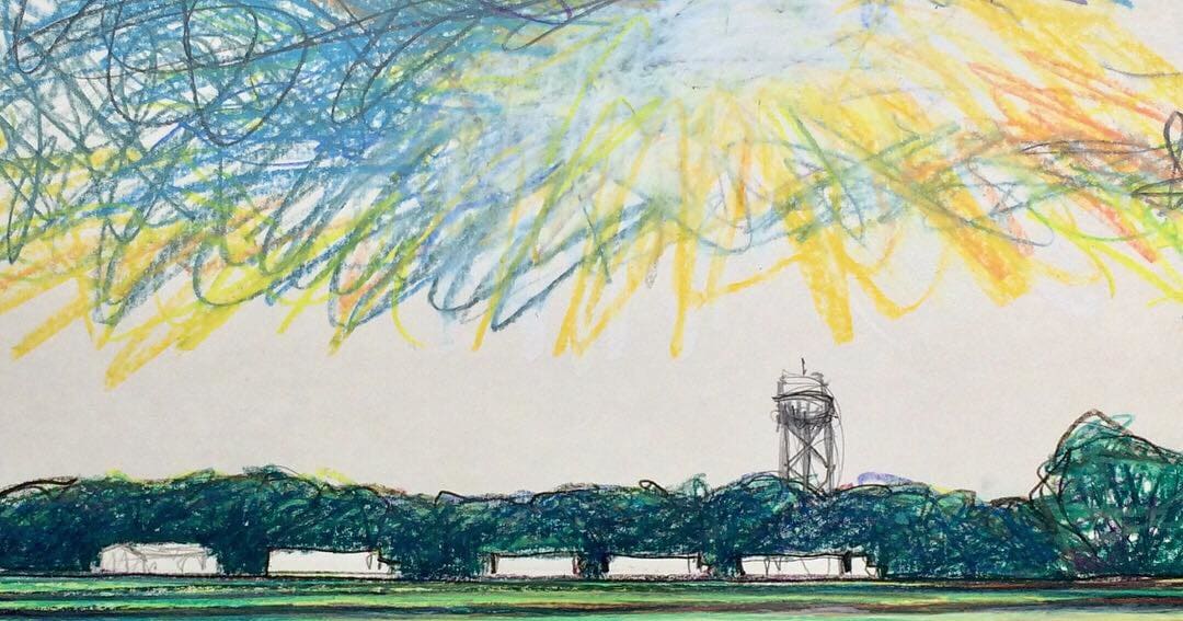 Lepanto water tower rice trucks waiting by Norwood Creech 