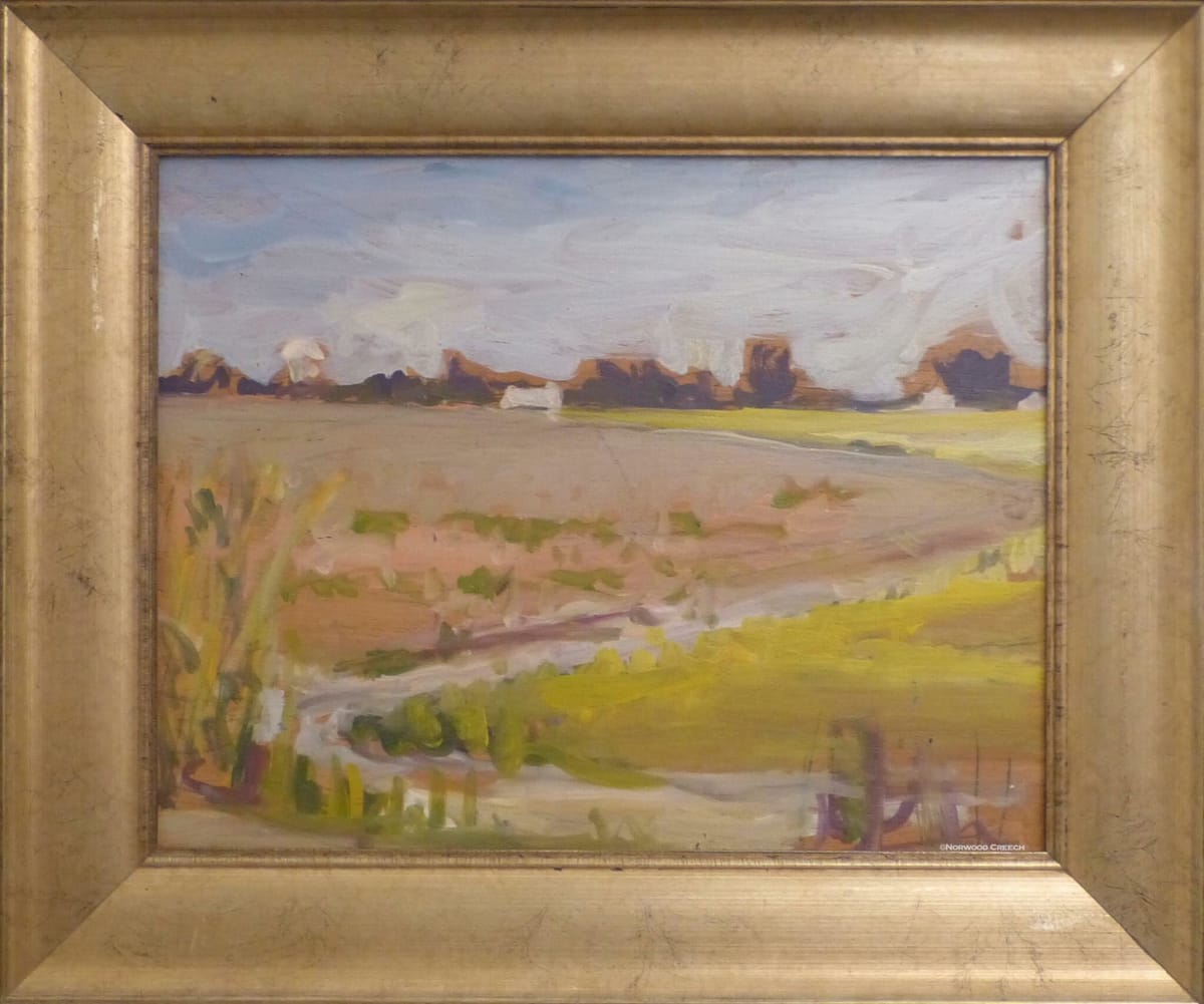 Old Seed House with Yellow Field and Water Tower by Norwood Creech 