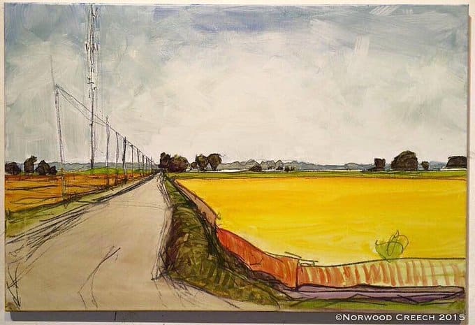 Gravel Road with Cell Tower, Bondsville, Mississippi County, Arkansas, painted on location by Norwood Creech, Image 1.