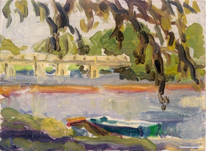 Jon Boat Tied Up by the Right-Hand Chute of the Little River, Rivervale, Poinsett County, Arkansas, painted on location 