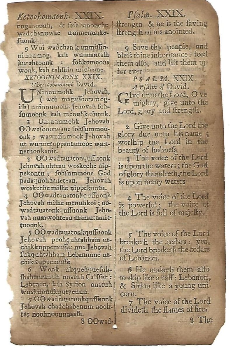 1709 The Massachusetts Psalter leaf: Two Column-Algonquin and English by Bible 