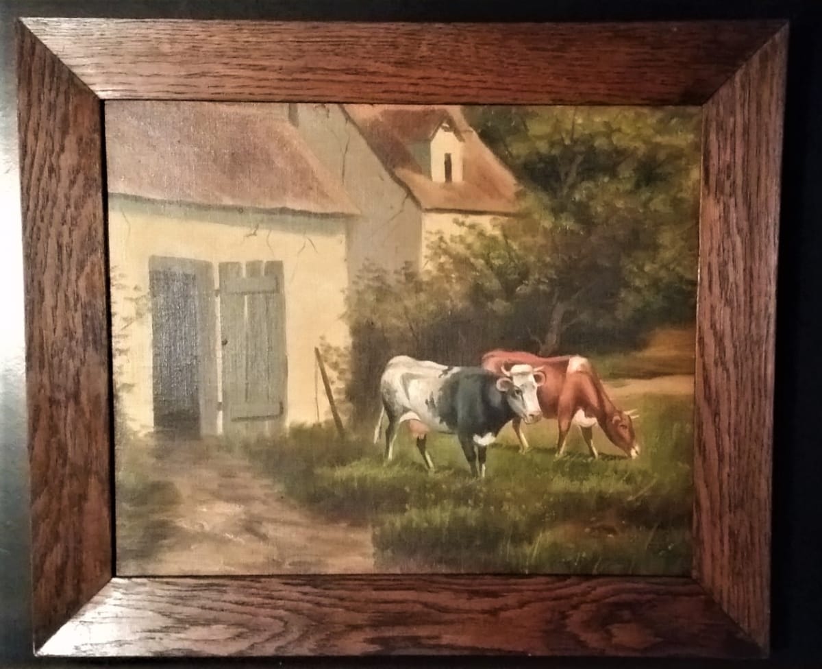 Pastoral Folk Art Farm painting with Two Cows by Unknown 