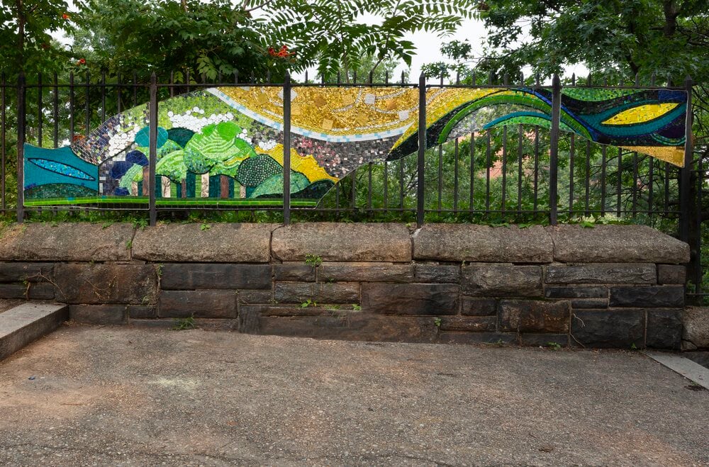 Ascending the Mountain Part 3, Canopy Celebration by Susan Stair  Image: Inst4,  Part 3 of Ascending the Mountain, Canopy Celebration, 2021, Clay and Mosaics, (40"x 20'x 3") 