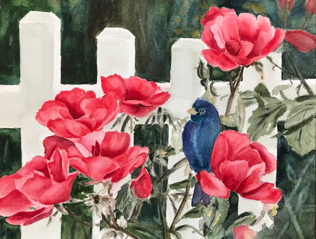 Indigo Bunting with Roses 