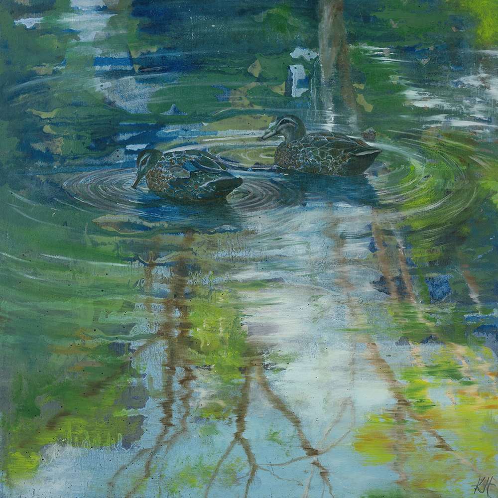 Duck Duo by Kirsten Hocking  Image: "Duck Duo", original painting by Kirsten Hocking, oil and mixed media on wood, 30.5cm x 30.5cm (unframed)