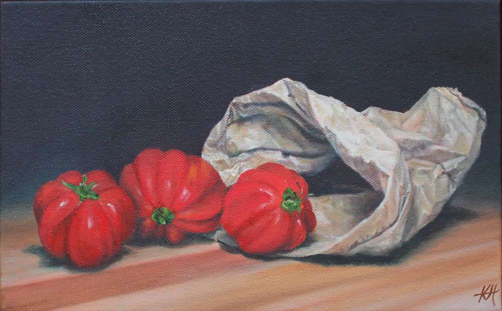 Heirloom Tomatoes by Kirsten Hocking  Image: "Heirloom Tomatoes", original painting by Kirsten Hocking, oil on canvas, 17.5cm x 28cm (framed)