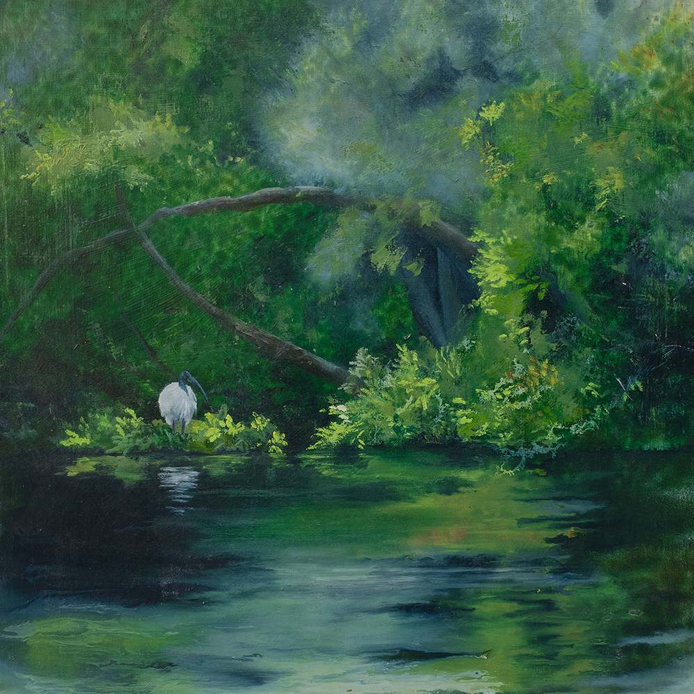 Ibis Wilderness by Kirsten Hocking  Image: "Ibis Wilderness", original painting by Kirsten Hocking, oil and mixed media on wood, 30.5cm x 30.5cm (unframed)