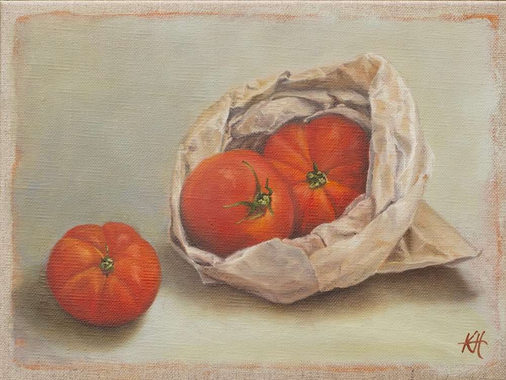 In the Bag by Kirsten Hocking  Image: "In the Bag", original painting by Kirsten Hocking, oil on canvas, 19.5cm x 26cm (framed)