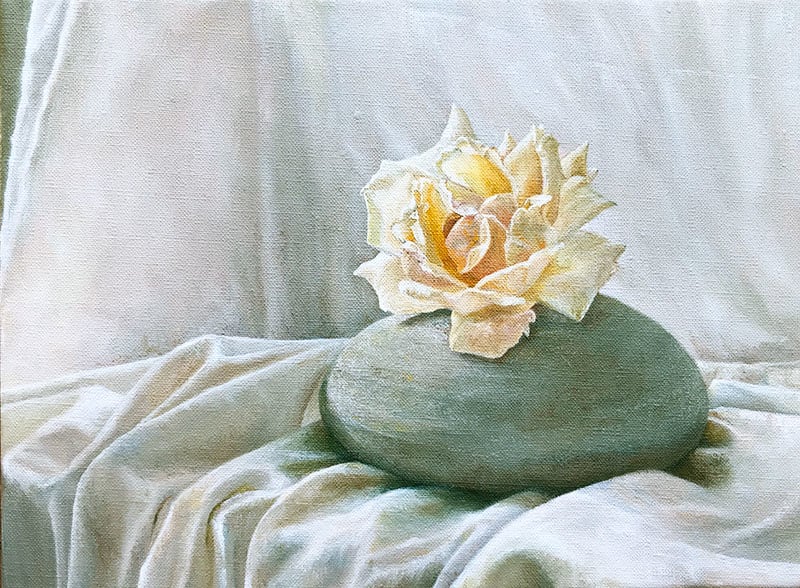 Sunlight with Yellow Rose by Kirsten Hocking  Image: "Sunlight With Yellow Rose", original painting by Kirsten Hocking, oil on linen, 23cm x 30.5cm, 2022