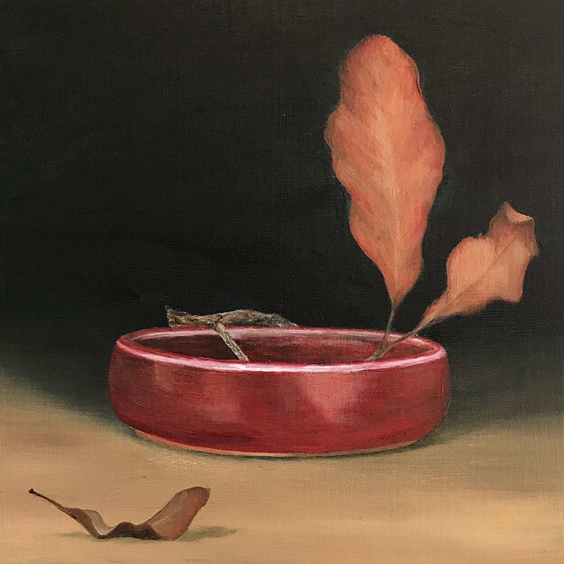 Red Bowl and Macadamia Leaves by Kirsten Hocking  Image: "Red Bowl and Macadamia Leaves", original painting by Kirsten Hocking, oil on board, 20cm x 20cm, 2022