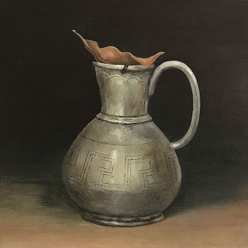 Silver Jug with Macadamia Leaf by Kirsten Hocking  Image: "Silver Jug with Macadamia Leaf", original painting by Kirsten Hocking, oil on board, 20cm x 20cm, 2022