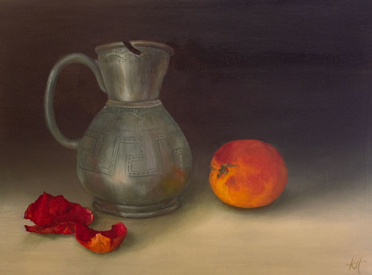 Silver Jug with Apricot by Kirsten Hocking  Image: "Silver Jug with Apricot", original painting by Kirsten Hocking, oil on board, 23cm x 30.5cm, 2023