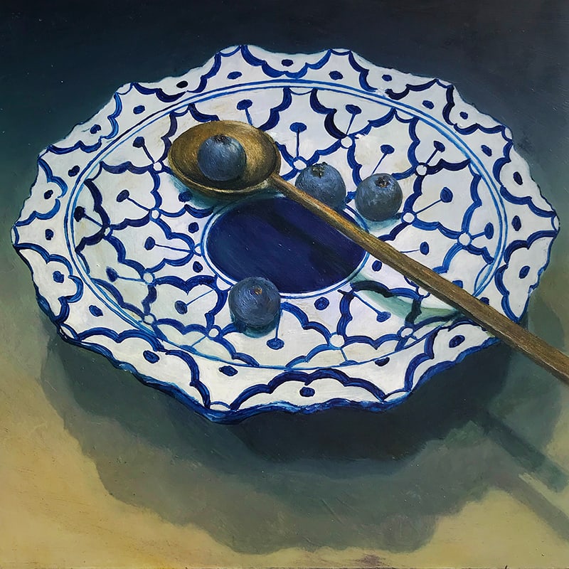 Gifts of Blue with a Golden Spoon by Kirsten Hocking  Image: "Gifts of Blue with a Golden Spoon", original painting by Kirsten Hocking, oil on board, 20cm x 20cm, 2022