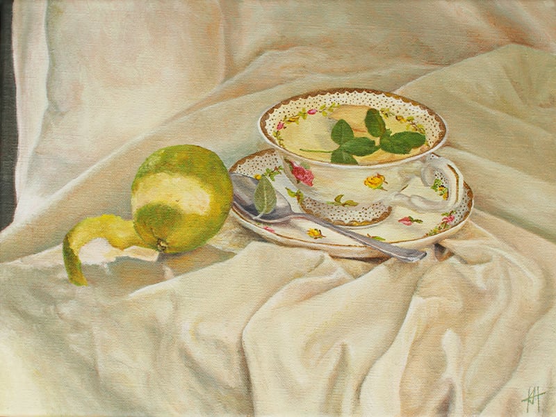 Ginger and Mint, with a Twist of Lime by Kirsten Hocking  Image: "Ginger and Mint with a Twist of Lime", original painting by Kirsten Hocking, oil on linen, 23cm x 30.5cm, 2022
