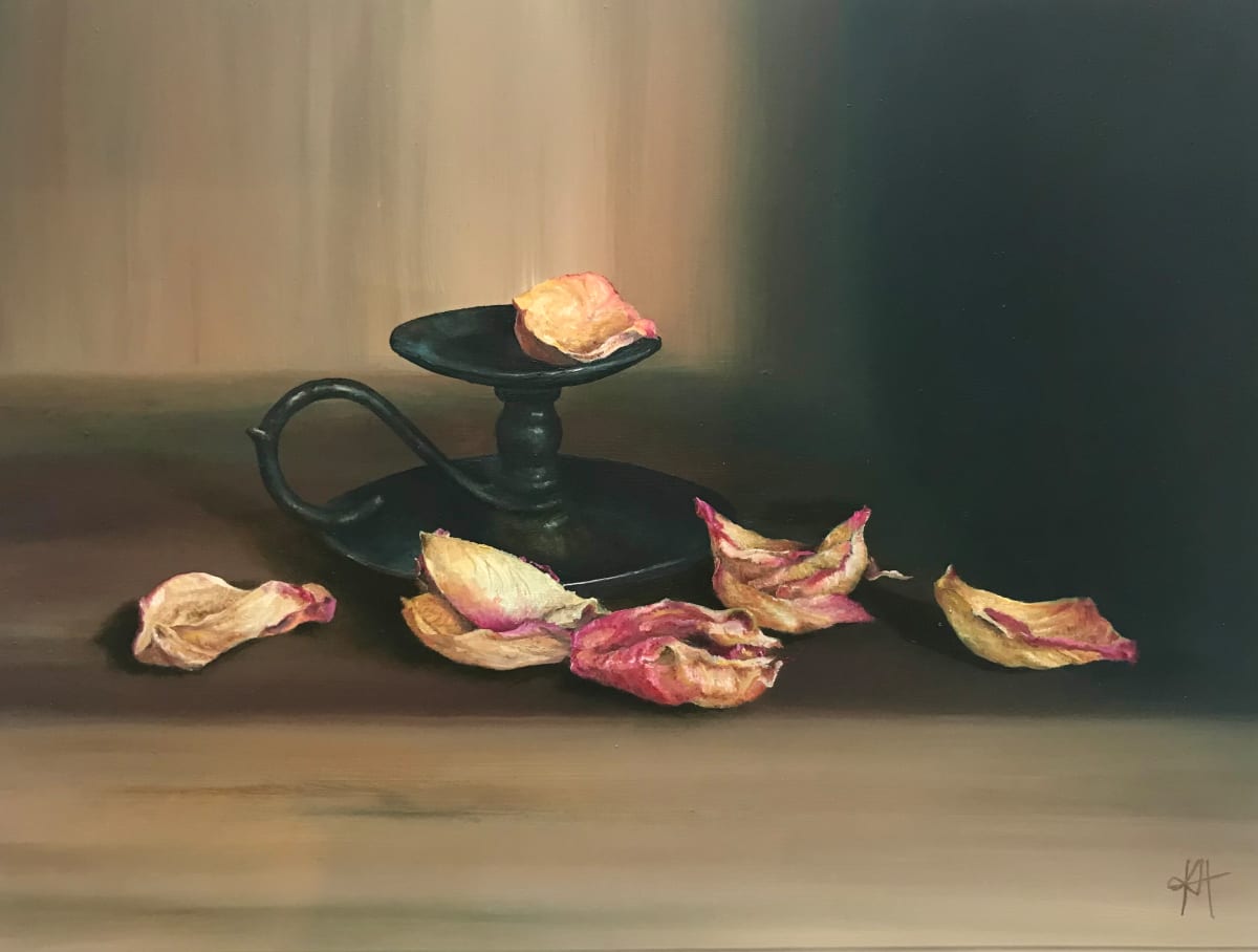 Still Life With Rose Petals by Kirsten Hocking  Image: "Still Life With Rose Petals", original painting by Kirsten Hocking, oil on gessoboard, 32cm x 39.5cm (framed), 2021