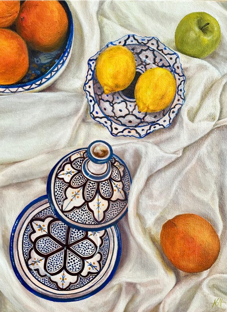 Still Life with Blue and White by Kirsten Hocking  Image: "Still Life in Blue and White", original painting by Kirsten Hocking, oil on canvas, 30cm x 23cm (unframed), 2023