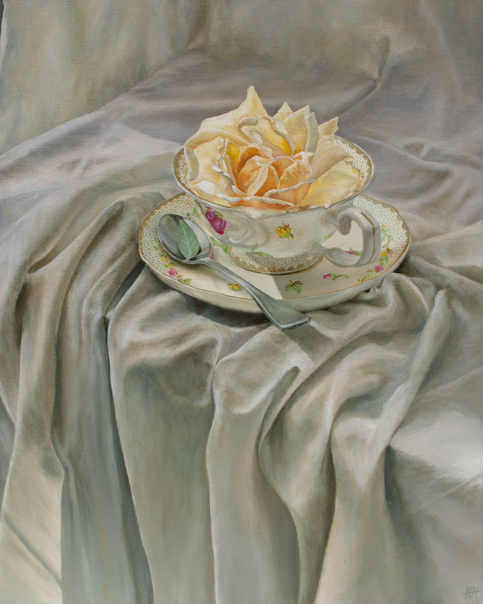 Teacup with Yellow Rose by Kirsten Hocking  Image: "Teacup with Yellow Rose", original painting by Kirsten Hocking, oil on linen, 50cm x 40cm, 2022