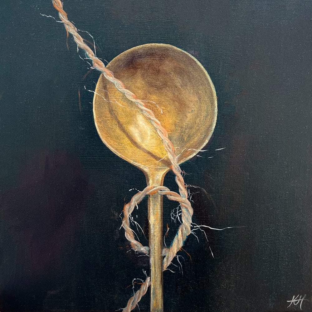 Tether a Golden Spoon by Kirsten Hocking  Image: "Tether a Golden Spoon", original painting by Kirsten Hocking, oil on board, 30.5cm x 30.5cm, 2023