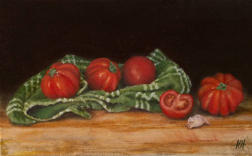 Passata Sauce by Kirsten Hocking  Image: "Passata Sauce", original painting by Kirsten Hocking, oil on canvas, 17.5cm x 28cm (framed)