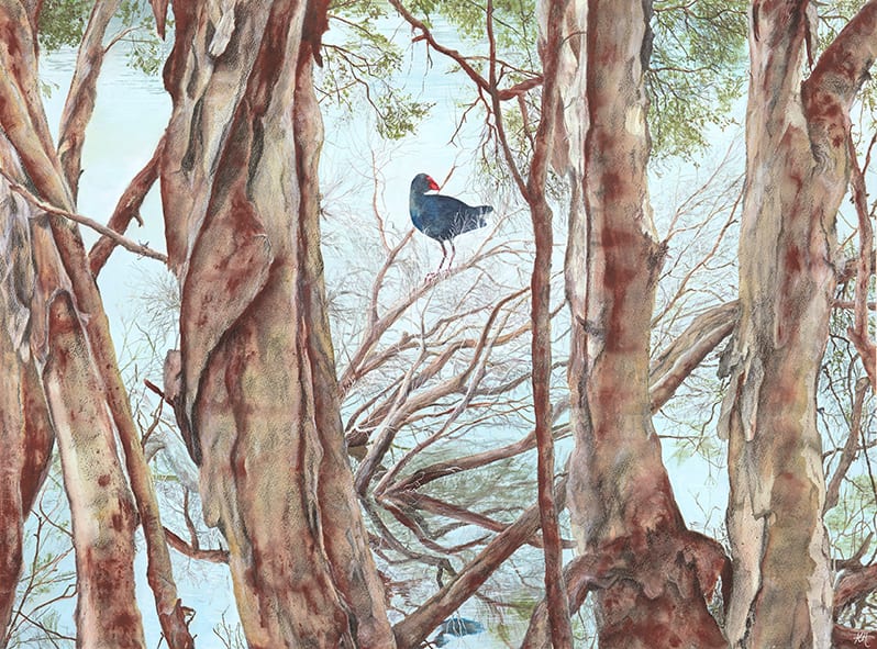 Under the Paperbarks by Kirsten Hocking  Image: "Under the Paperbarks", original painting by Kirsten Hocking, mixed media on cotton paper, 55cm x 75cm 