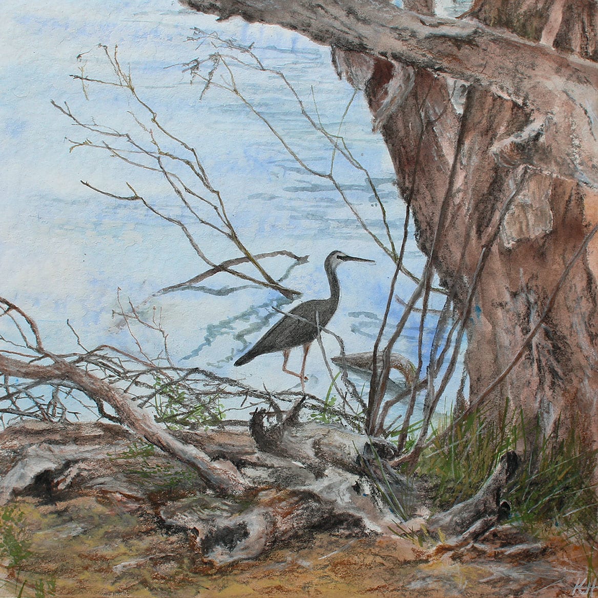 White Faced Heron by the Lakeside II by Kirsten Hocking  Image: "White Faced Heron by the Lakeside I", original painting by Kirsten Hocking, mixed media on cotton paper, 25cm x 25cm (unframed), 2024