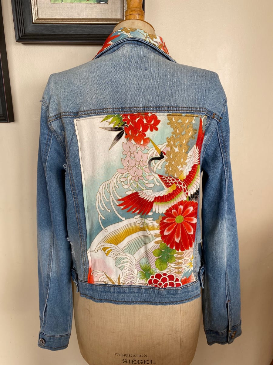 Vintage Kimono Stretch distressed Denim Jacket by Unknown  Image: Limited edition -4 of a kind. Vintage kimono on distressed stretch denim jacket. Womens size M medium - Dry Clean Only