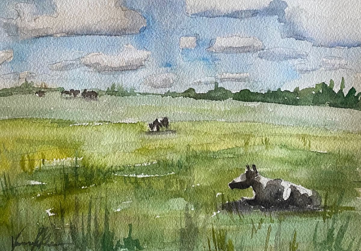 European Landscape with Cows by Vanessa Rothe  Image: Painted on location in Europe. Whole page 9"x12" live art area  is 6.5 x9.5"  Offered here UNframed. Framing can be arranged, please contact us. 