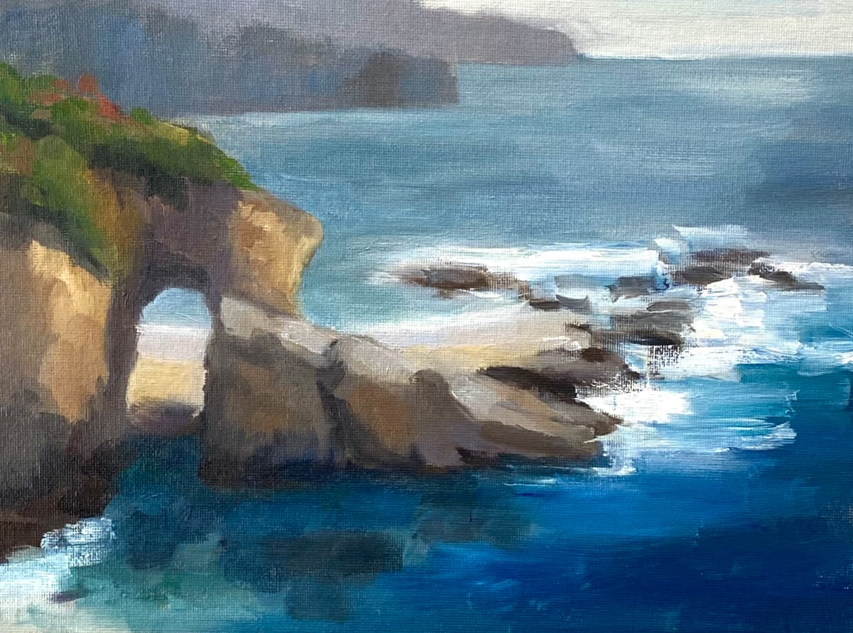 Plein Air Study, Montage Laguna by Vanessa Rothe  Image: Quick 40 min plein air on location study of the light and colors on the Keyhole rocks at the Montage Laguna Beach CA