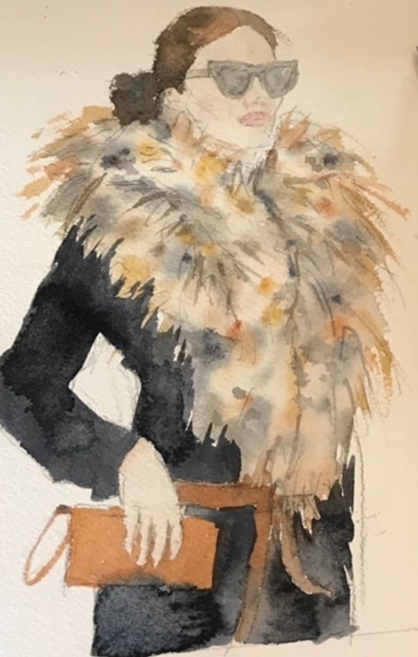 Fashion Sketch with Fur by Vanessa Rothe  Image: Fashion watercolor sketch 