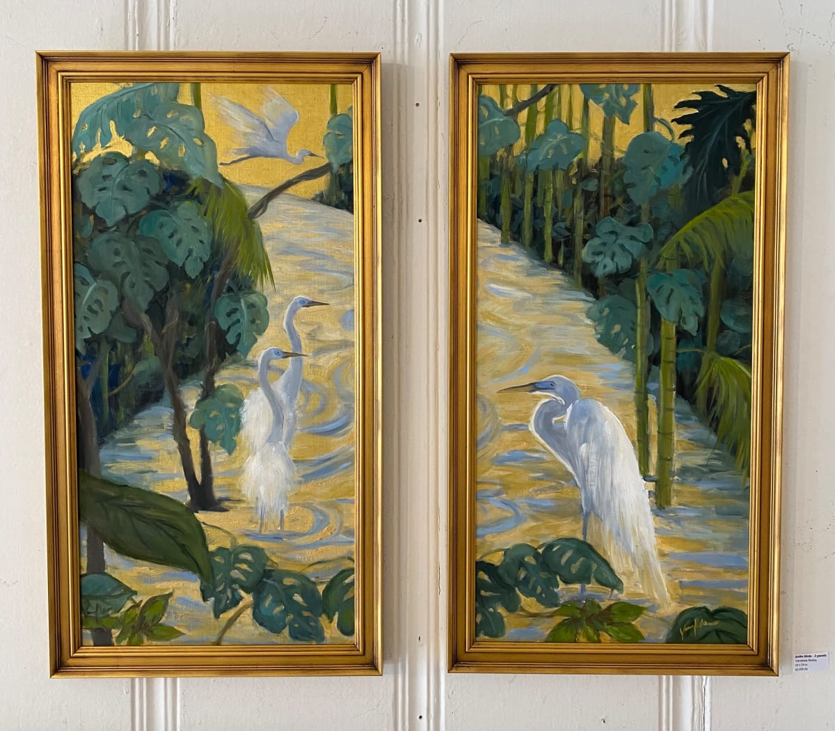 Botke Birds - 2 panels by Vanessa Rothe  Image: Gold shining paint has been used in the sky and lighter gold shining in the stream as well. Video and close ups upon request. Highly decorative works.