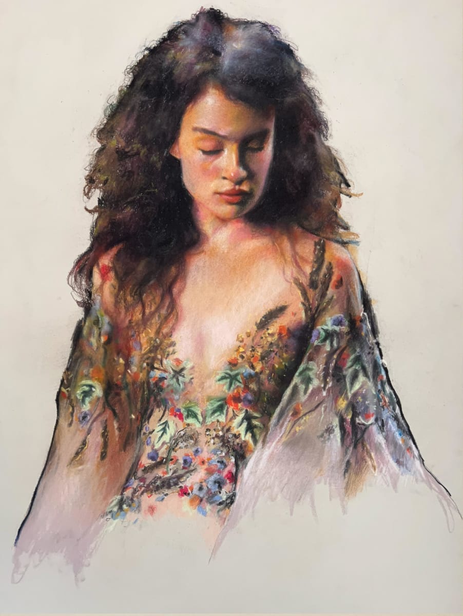 Flower Gown by Andy Espinoza  Image: Pastel painting on paper created live at fashion show