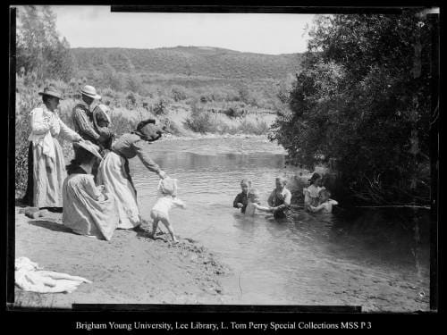 [Paul's First Swim, Chalk Creek] by George Beard  Image: Adults watching children swim in a creek.
