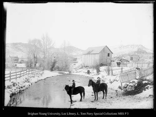 [Coalville Farm Scene in Winter] by George Beard  Image: Two boys on horseback crossing a snow-covered creek.