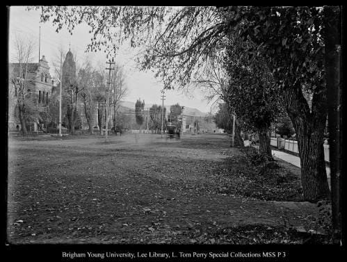 [Coalville Main Street with County Courthouse and Stake Tabernacle] by George Beard  Image: A tree-lined city street with buildings to the left and a carriage in the road.