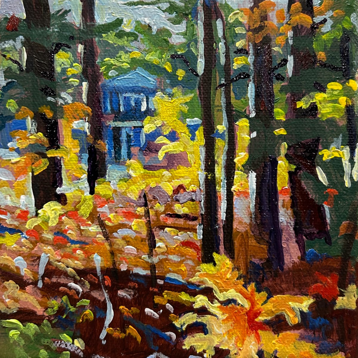 Cottage Blue, Kawartha Lakes. by Lynne Ryall  Image: A beautiful view through warm coloured trees to a blue cottage in the background