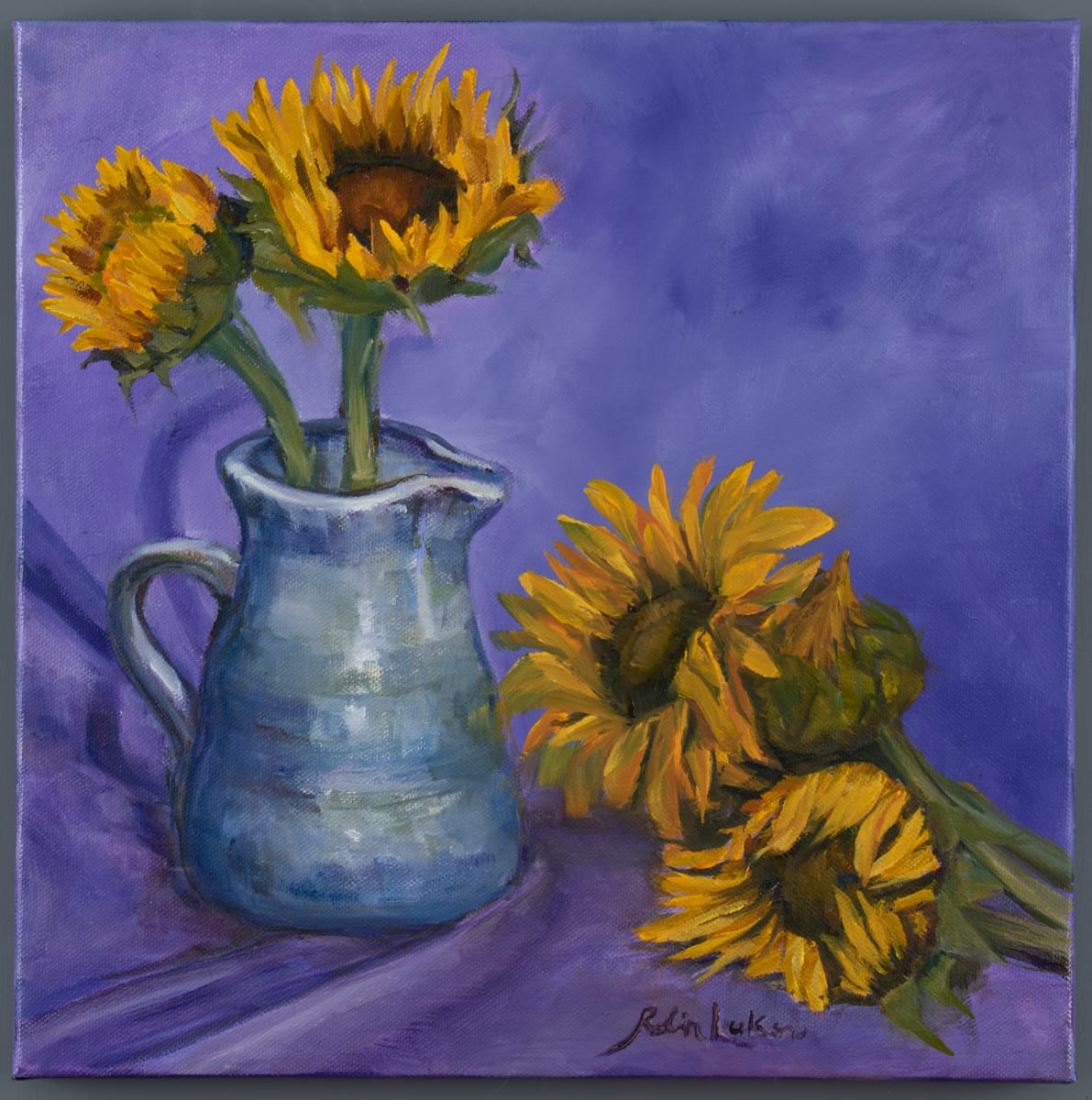 Sunflowers in a Blue Pitcher by Robin Luker 