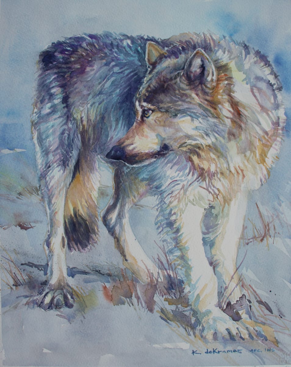 'The Sage' -Wolf by Karyn deKramer  Image: The 'Sage' -(adj.) Having or showing deep understanding of intelligence or application of knowledge.  In this painting, the wolf looks back with wisdom of leadership and survival to followers of her pack. In the creation of 'The Sage' -Wolf, I carefully washed color around the shape of the wolf, leaving areas of her white coat untouched. I thought of the life of the wolf and its history of persecution and how the wolf must be both seen and unseen. 