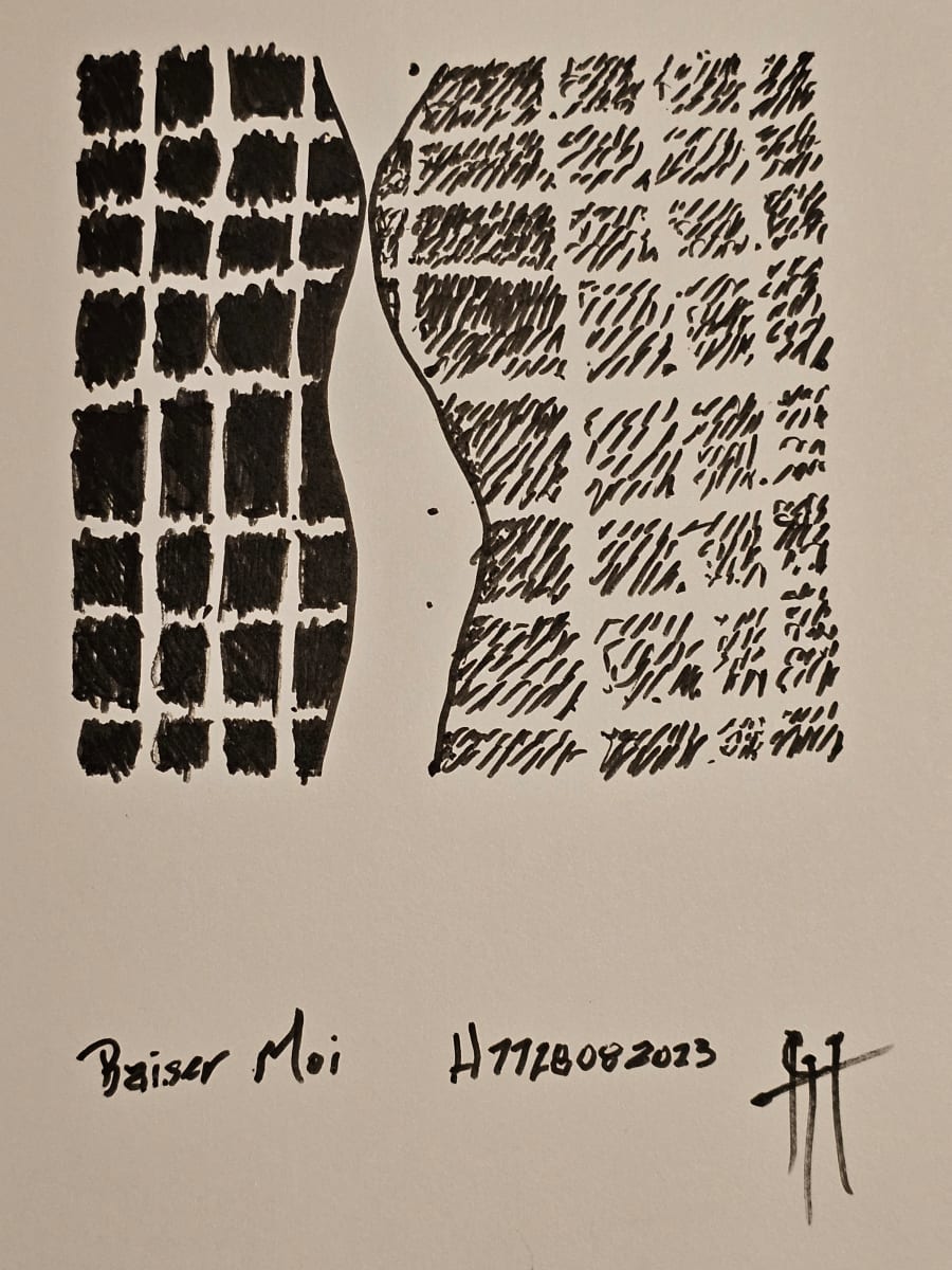 Embrasser Moi  H7728082023 by HB Barry Strasbourg-Thompson BFA  Image: 11" x 8.5"  Winsor Newton Black Pigment Fineliners on 75lb. a/f paper museum framed to 20" x 16" x 2" with black LJ metal frame, white ragmat and non glare glass. $750.00. Time payments available O A C.
