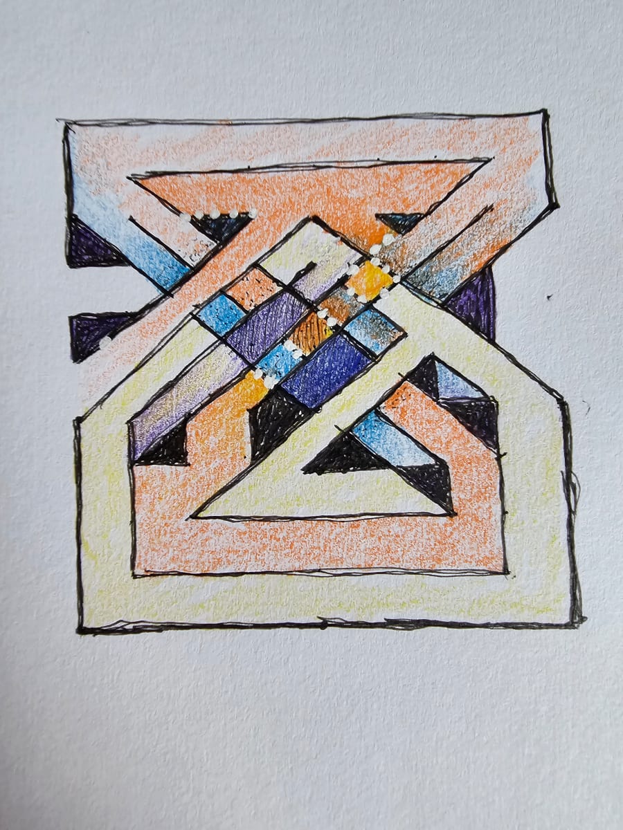 Higher Consciousness  "Choices" sketch for painting  H7703092023 by HB Barry Strasbourg-Thompson BFA  Image: W/N Fineliner Black pigment pen, White acrylic, Prismacolor Premiere Artist Pigment Colored Pencil on 75lb a/f sketch paper 11" x 8.5", Museum framed LJ Black metal, White ragmat, Non glare glass to 20" x 16" x 2".  $750.00 Time Payments available O.A.C.
