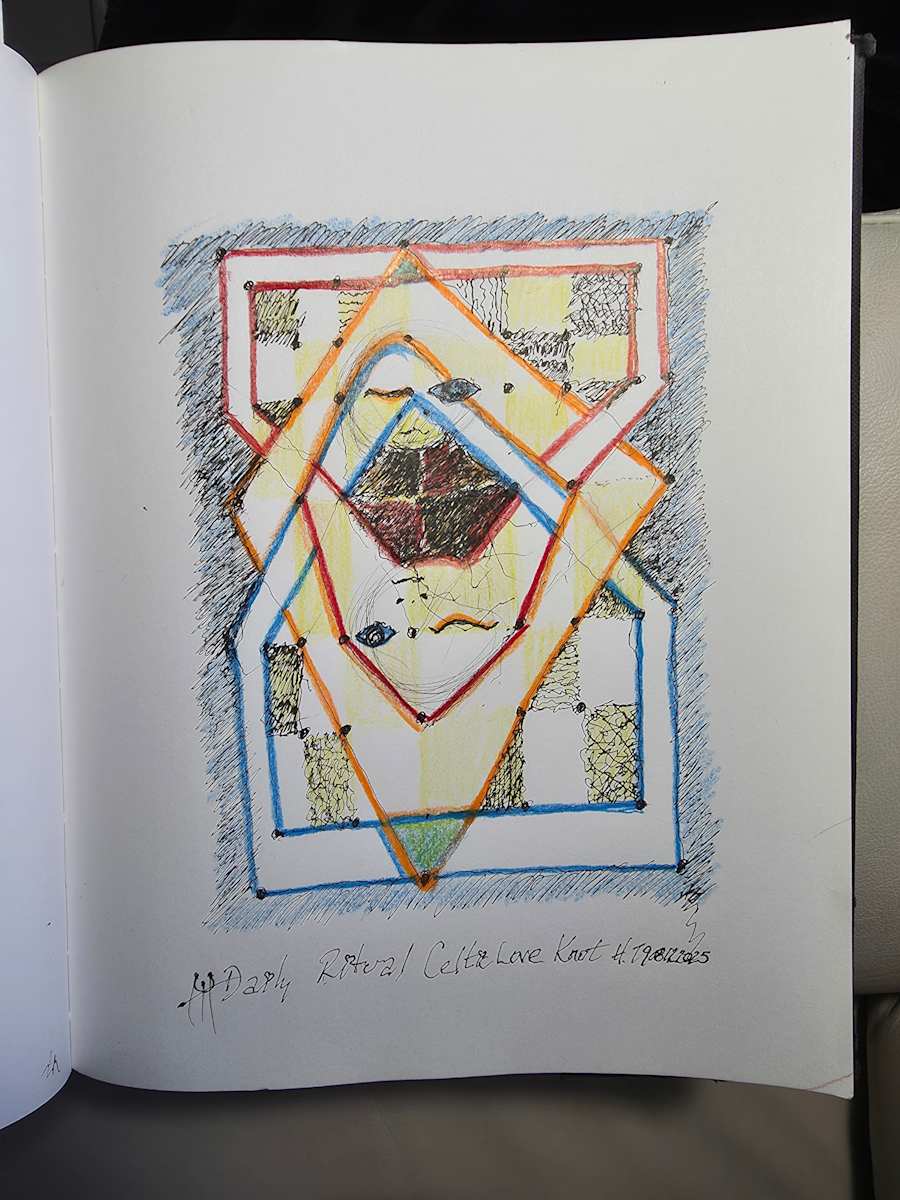 Daily Ritual CELTIC LOVE KNOT H7908122025 by HB Barry Strasbourg-Thompson BFA  Image: Celtic Love Knot,  W/N Black Fineliner & Prismacolor Premium True Blue Artist Grade Color Pencil on 110gm 11" x 8.5 " x .01 white a/f sketch paper to be museum framed to 14" x 11" x 1.5".
Celtic Knots hold energy in place  like holding wind in my sails. These 2 knots hold the Love & Respect that Gail & I have together.