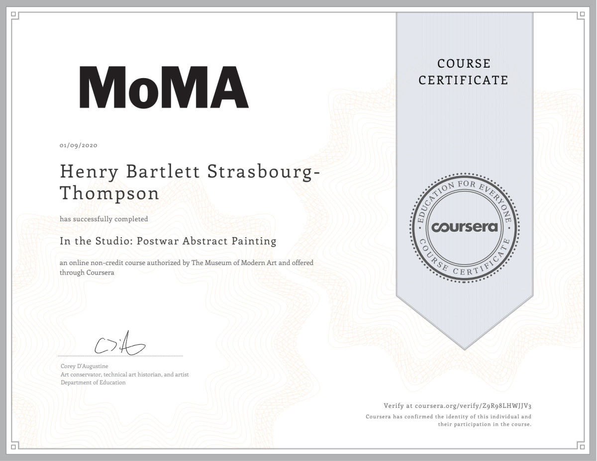 MOMA Certificate ... Postwar Abstract Painting by HB Barry Strasbourg-Thompson BFA 