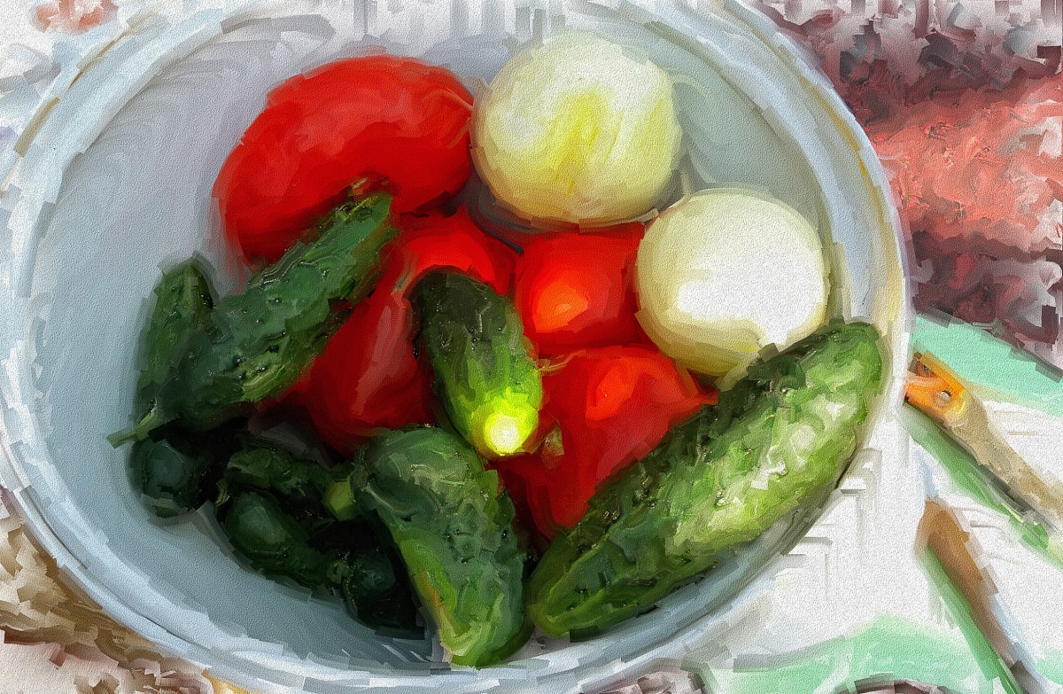 Still life with Cucumbers, Tomatoes, and Onions 