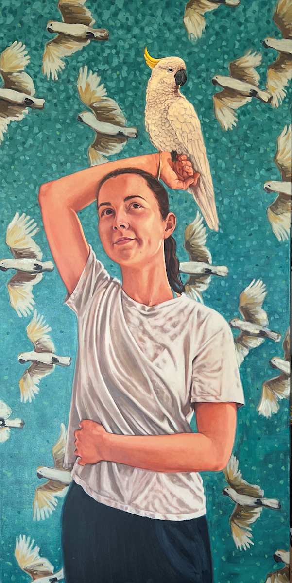 Bella with White Cockatoo by Kim Harding  Image: "Bella with White Cockatoo" 122 x 60cm Oil on canvas