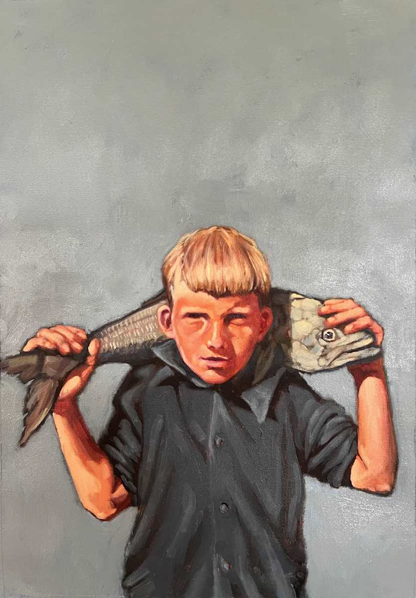 Boy with a Fish by Kim Harding  Image: "Boy with a Fish" 20 x 29cm Oil on Canvas