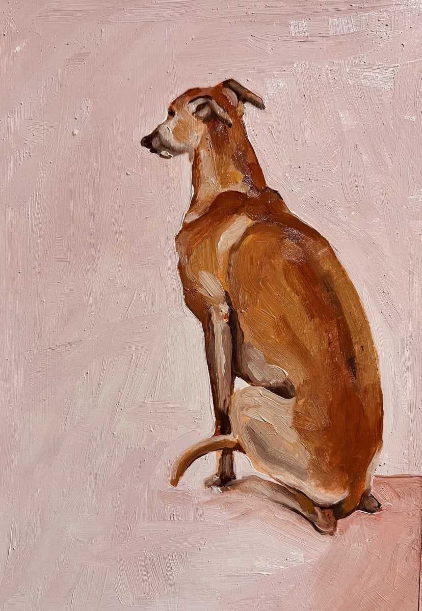 Dog in Pink by Kim Harding  Image: "Dog in Pink" oil on card 20x40cm