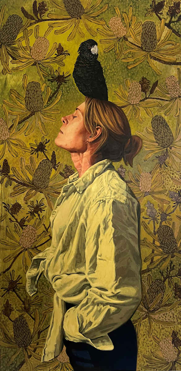 Kim With Black Cockatoo by Kim Harding  Image: "Kim With Black Cockatoo" 60x122cm Oil on canvas