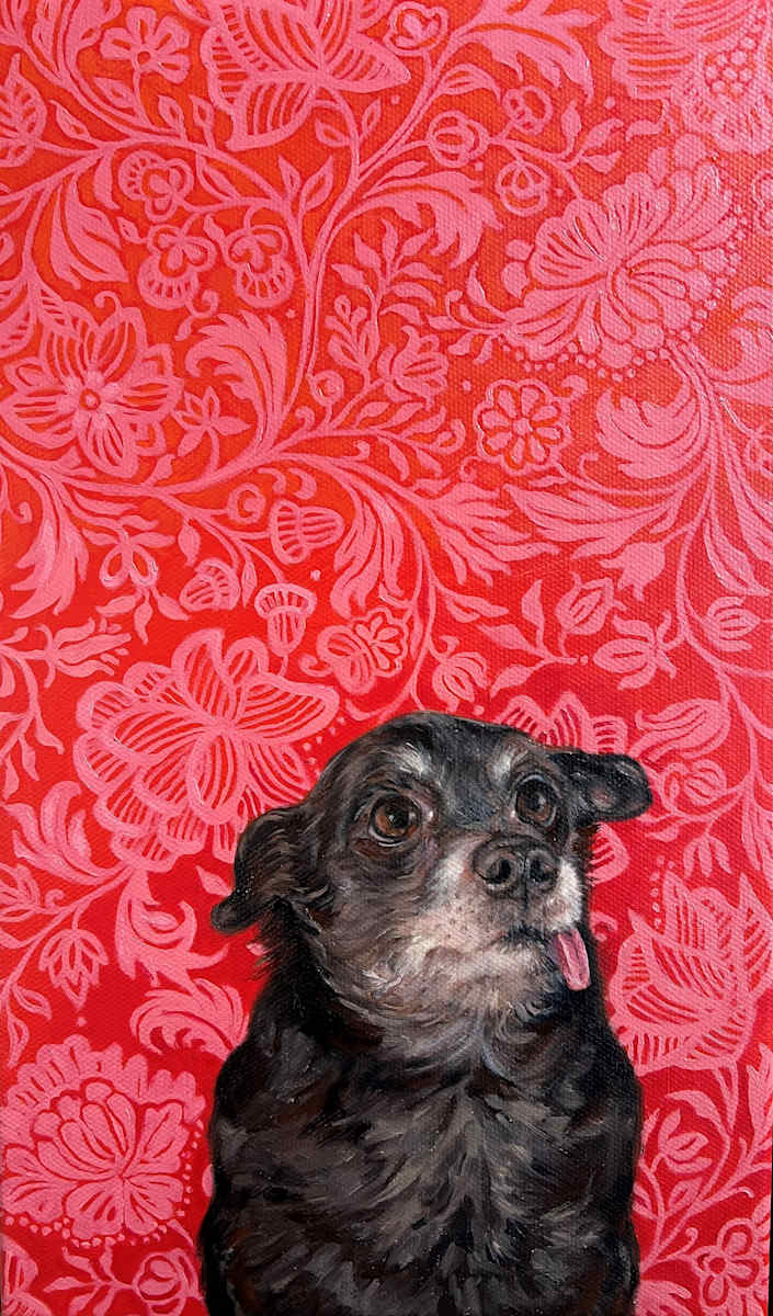 Norman & his Favourite Wallpaper by Kim Harding  Image: "Norman & his Favourite Wallpaper" 21 x 35 Oil on Canvas
