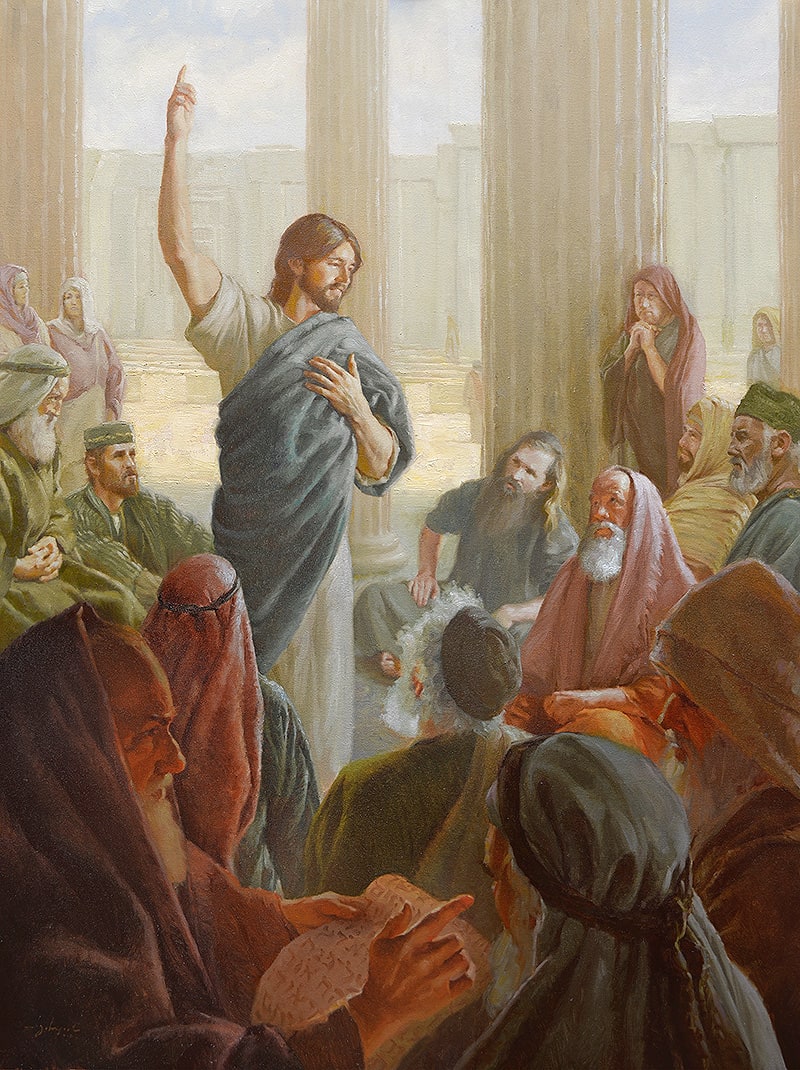 "My Doctrine is...His" (John 7:16) by James L Johnson  Image: Jesus taught in the temple frequently. I have depicted Him here motioning to His Father as the source of His doctrine, while the Pharisees question Jesus' authority and the pure in heart hang on His every word. *Piece is framed; inquire for photos. Also, you may copy/paste the following to see image on the website of the gallery it is currently housed in: http://loganfineartgallery.com/shows-galleries/society-of-mormon-artist-exhibit-gallery/james-johnson_-my-doctrine-is-his_-40x30-oil-4500/