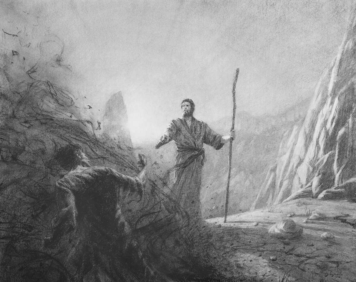 “I Am a Son of God . . . Depart Hence, Satan” (Moses 1:13, 18) by James L Johnson, Image 1.