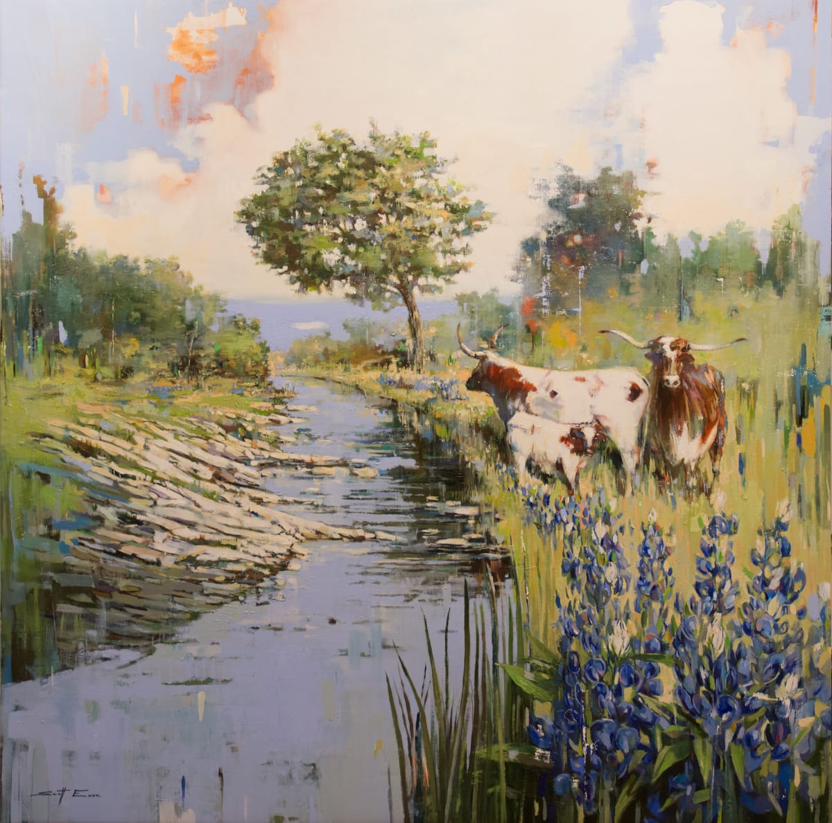 Hill Country Creek with Cows, Image 1.